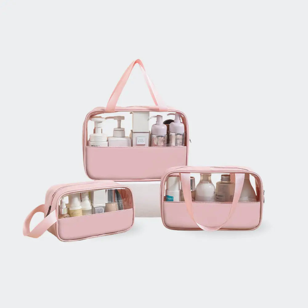 grande trousse de toilette transparente fond blanc rose