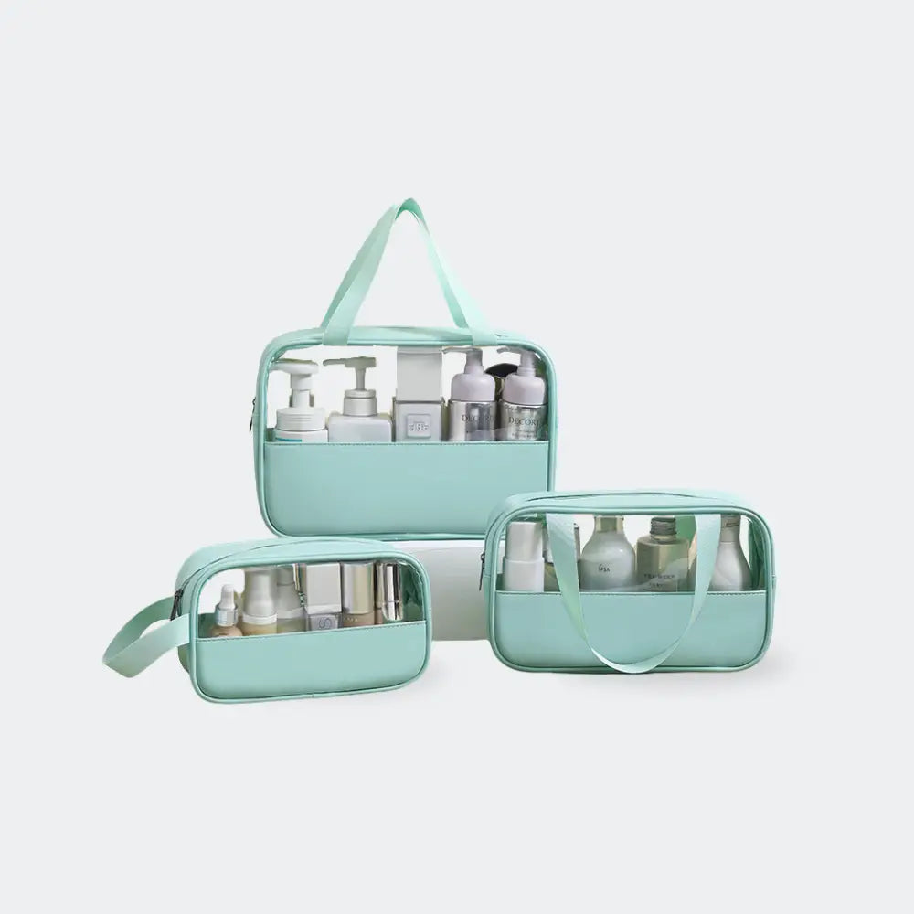 set de trois trousses de toilette femme turquoise