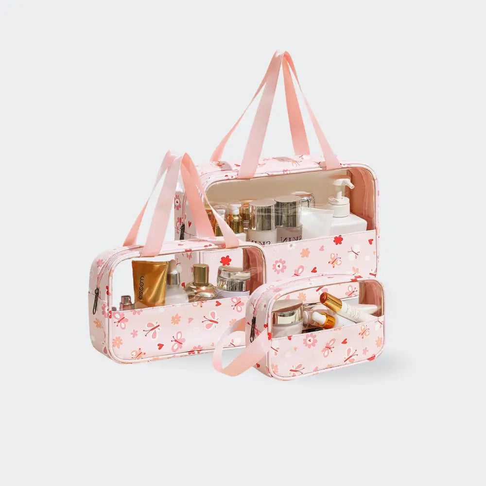 trousse de toilette familiale avec fleurs fond blanc rose
