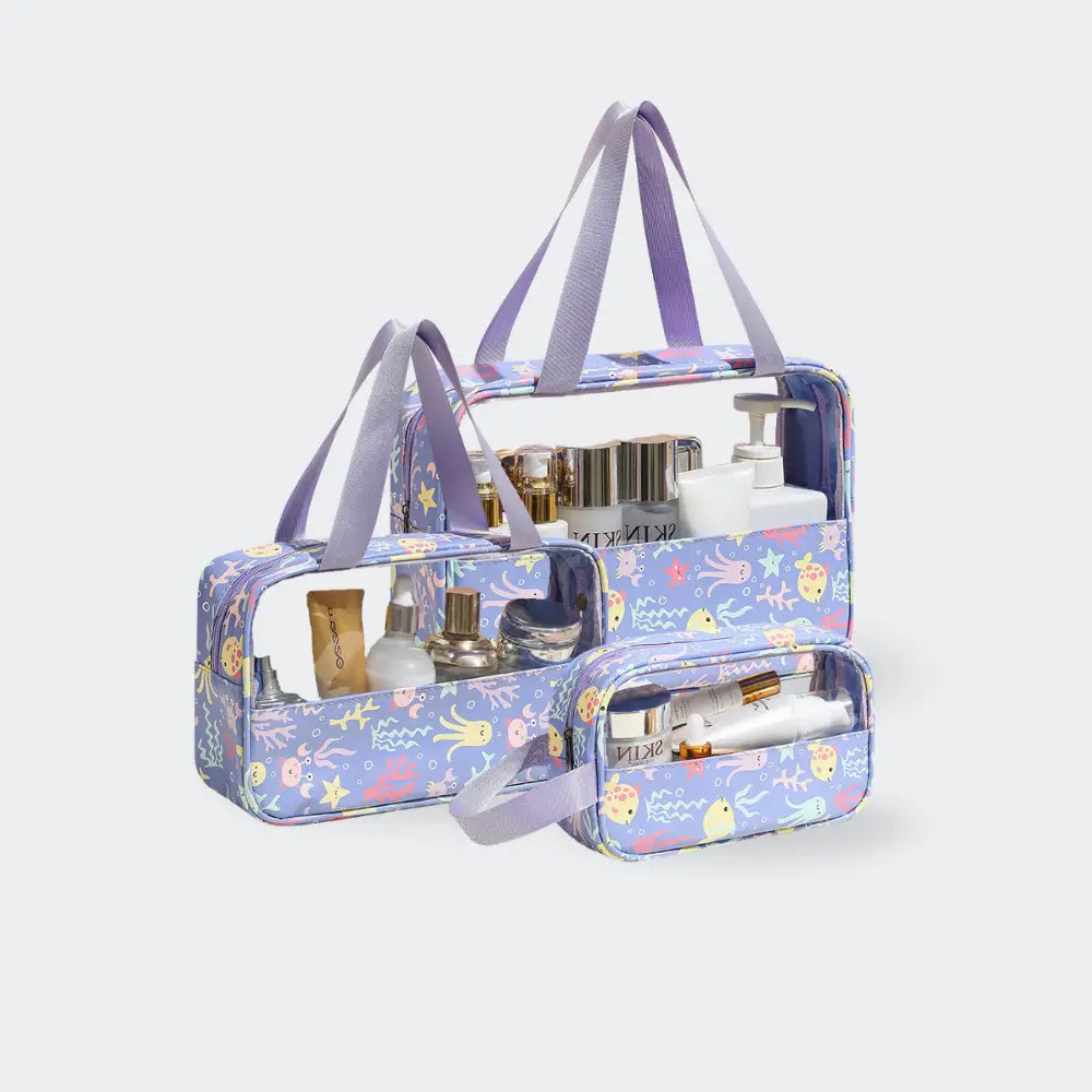 trousse de toilette familiale avec fleurs fond blanc violet
