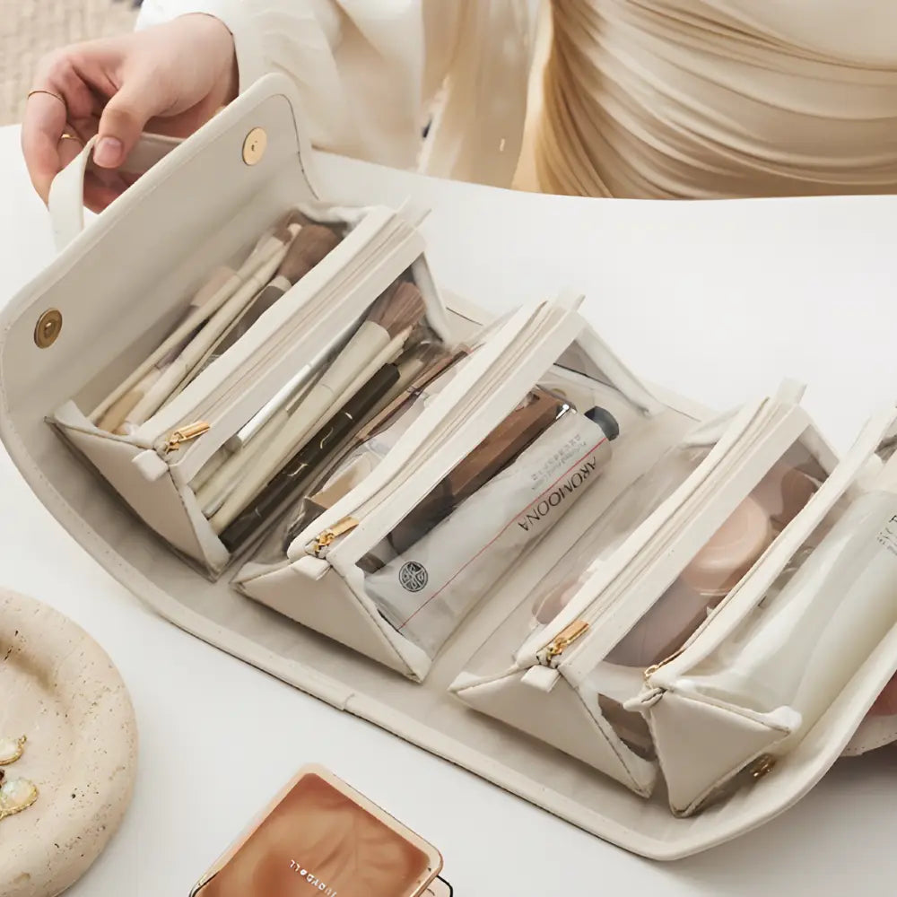 trousse de toilette femme cuir blanc multiple rangement