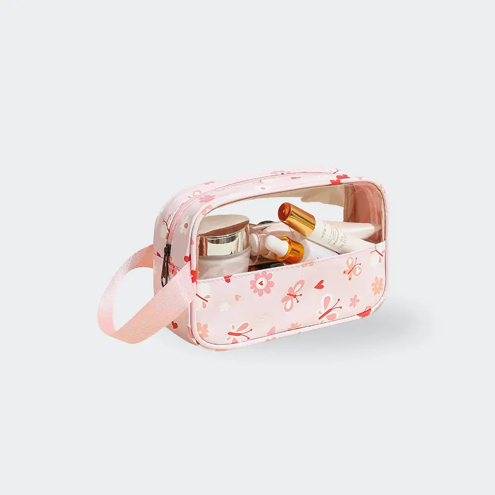 trousse de toilette fleur rose fond blanc