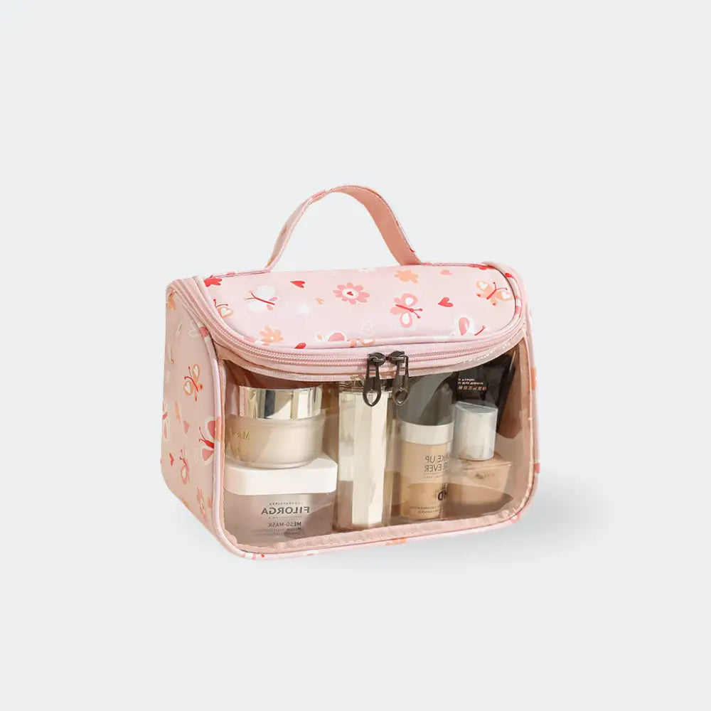 trousse de toilette fleurs fond blanc rose