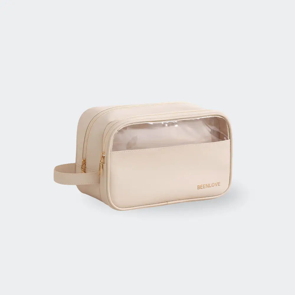 trousse de toilette transparente beige