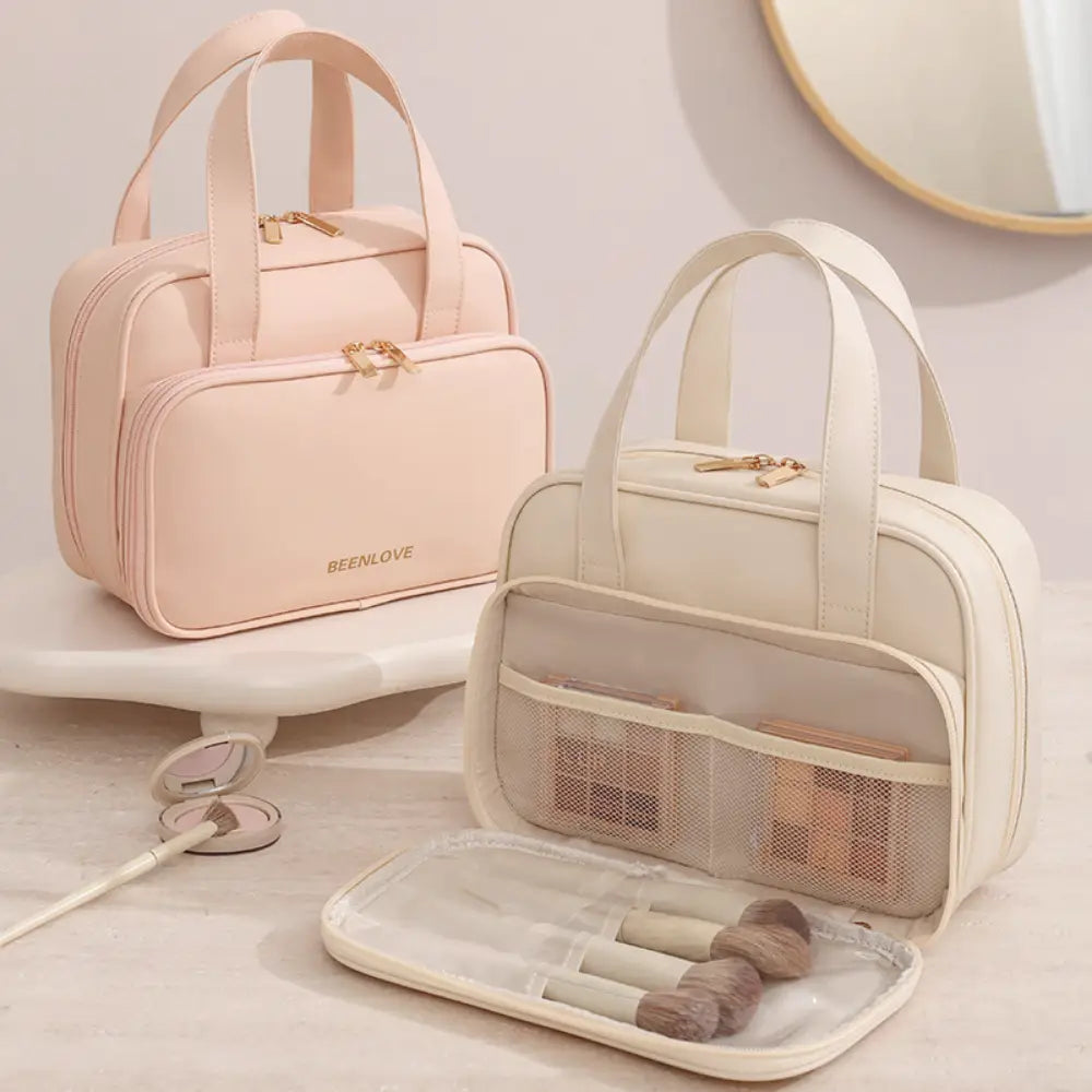 vanity case plusieurs compartiments beige et rose